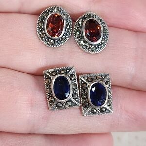 Elegant 925 Silver Earrings Set With Marcasite, Amber and Dark Blue Crystals.